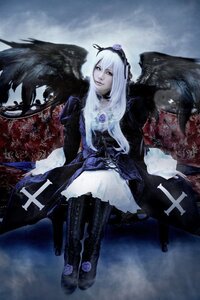 Rating: Safe Score: 0 Tags: 1girl black_wings boots choker dress feathered_wings feathers flower frills long_hair rose silver_hair sitting solo suigintou wings User: admin