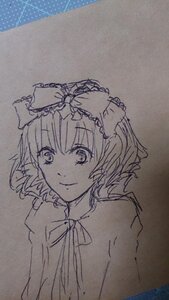 Rating: Safe Score: 0 Tags: 1girl bangs bow eyebrows_visible_through_hair hair_bow hinaichigo image looking_at_viewer monochrome neck_ribbon ribbon short_hair sketch smile solo traditional_media upper_body User: admin