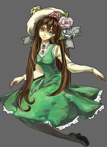 Rating: Safe Score: 0 Tags: 1girl brown_hair dress flower frills green_dress green_eyes heterochromia image long_hair long_sleeves pantyhose red_eyes rose simple_background smile solo suiseiseki very_long_hair User: admin