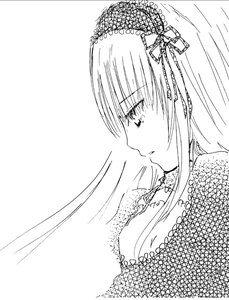 Rating: Safe Score: 0 Tags: 1girl blush choker eyebrows_visible_through_hair from_side greyscale hairband image long_hair monochrome profile simple_background solo suigintou white_background User: admin