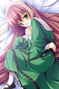 Rating: Safe Score: 0 Tags: 1girl bed_sheet blush brown_hair dress frills green_dress green_eyes hat heterochromia image long_hair long_sleeves looking_at_viewer lying red_eyes shoes solo suiseiseki very_long_hair User: admin