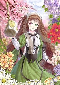 Rating: Safe Score: 0 Tags: 1girl 230_okuto :d brown_hair commentary_request dress flower green_dress green_eyes hairband head_scarf heterochromia image long_hair long_sleeves looking_at_viewer open_mouth red_eyes rozen_maiden smile solo suiseiseki very_long_hair watering_can User: admin