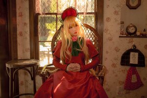 Rating: Safe Score: 0 Tags: 1girl bangs blonde_hair blue_eyes curtains dress flower indoors long_hair long_sleeves looking_at_viewer red_dress shinku sitting solo window User: admin