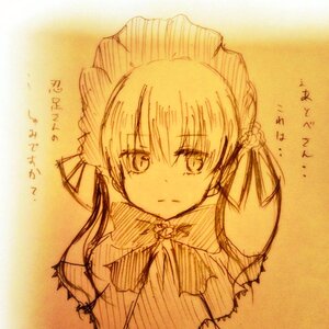 Rating: Safe Score: 0 Tags: 1girl auto_tagged bangs bonnet bow bowtie eyebrows_visible_through_hair hair_ornament image looking_at_viewer monochrome shinku solo traditional_media twintails upper_body User: admin
