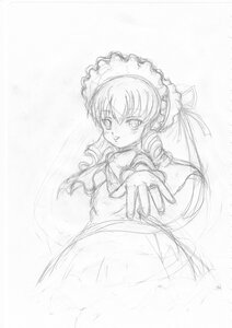 Rating: Safe Score: 0 Tags: 1girl dress greyscale image long_hair long_sleeves looking_at_viewer monochrome outstretched_arm outstretched_hand shinku sketch solo User: admin