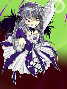 Rating: Safe Score: 0 Tags: 1girl black_wings dress flower frills grin hairband image long_hair long_sleeves looking_at_viewer red_eyes rose smile solo suigintou teeth wings User: admin