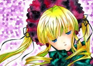 Rating: Safe Score: 0 Tags: 1girl argyle argyle_background blonde_hair blue_eyes bonnet bow checkered checkered_background checkered_floor drill_hair flower hair_ribbon image long_hair looking_at_viewer portrait rose shinku sidelocks solo twintails User: admin