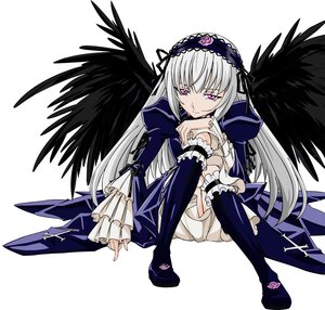 Rating: Safe Score: 3 Tags: 1girl black_wings boots dress frilled_sleeves frills full_body hairband image long_hair long_sleeves looking_at_viewer pink_eyes rose silver_hair sitting solo suigintou white_background wings User: admin