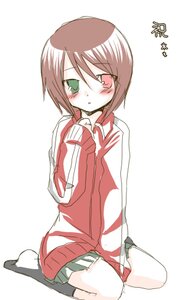 Rating: Safe Score: 0 Tags: 1girl blush brown_hair full_body green_eyes heterochromia image jacket kneehighs long_sleeves looking_at_viewer no_shoes red_eyes short_hair simple_background sitting skirt solo souseiseki striped white_background User: admin