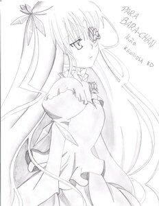 Rating: Safe Score: 0 Tags: 1girl barasuishou dress frills greyscale image long_hair looking_at_viewer monochrome ribbon simple_background solo very_long_hair white_background User: admin