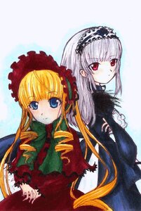 Rating: Safe Score: 0 Tags: 2girls blonde_hair blue_eyes bonnet dress drill_hair flower frills hairband image long_hair long_sleeves looking_at_viewer multiple_girls pair red_dress red_eyes shinku silver_hair suigintou traditional_media twin_drills twintails User: admin