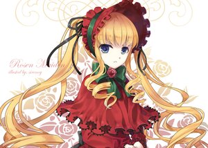 Rating: Safe Score: 0 Tags: 1girl blonde_hair blue_eyes bonnet bow bowtie capelet drill_hair flower green_bow image long_hair long_sleeves looking_at_viewer pink_rose rose shinku solo twintails User: admin