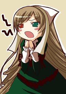 Rating: Safe Score: 0 Tags: 1girl black_dress brown_hair dress frills green_eyes head_scarf heterochromia image long_hair long_sleeves open_mouth red_eyes simple_background solo suiseiseki tears very_long_hair User: admin