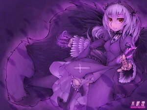 Rating: Safe Score: 0 Tags: 1girl boots dress frills hairband image lolita_hairband long_hair long_sleeves looking_at_viewer monochrome purple_theme red_eyes smile solo suigintou wings User: admin