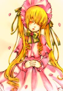 Rating: Safe Score: 0 Tags: 1girl blonde_hair bonnet closed_eyes dress drill_hair flower frills image long_hair long_sleeves petals pink_dress rose rose_petals shinku simple_background solo twintails very_long_hair yellow_background User: admin