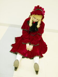 Rating: Safe Score: 0 Tags: 1girl blonde_hair bonnet closed_eyes dress frills long_hair long_sleeves red_dress shinku shoes sitting solo User: admin