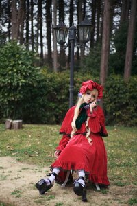 Rating: Safe Score: 0 Tags: 1girl blonde_hair bonnet bow dress long_sleeves mary_janes outdoors red_dress shinku shoes solo white_legwear User: admin