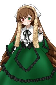 Rating: Safe Score: 0 Tags: 1girl :t black_ribbon brown_hair dress frills green_dress green_eyes head_scarf heterochromia image long_hair long_sleeves looking_at_viewer pout red_eyes solo suiseiseki very_long_hair white_background User: admin