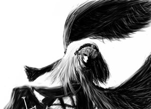 Rating: Safe Score: 0 Tags: 1girl black_wings dress feathered_wings flower frills greyscale hairband image lolita_hairband long_hair long_sleeves looking_at_viewer monochrome rose simple_background solo suigintou very_long_hair white_background wings User: admin