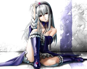 Rating: Questionable Score: 0 Tags: 1girl bare_shoulders blue_footwear boots breasts dress frills gloves hairband image long_hair red_eyes silver_hair sitting solo suigintou thigh_boots thighhighs User: admin