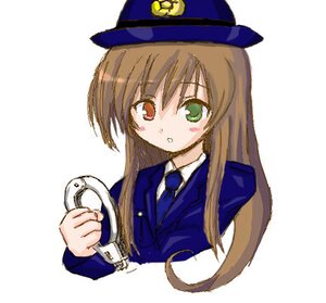 Rating: Safe Score: 0 Tags: 1girl blue_neckwear brown_hair cuffs food_on_face green_eyes handcuffs hat holding image long_hair long_sleeves necktie police police_uniform policewoman simple_background solo suiseiseki top_hat uniform upper_body white_background User: admin