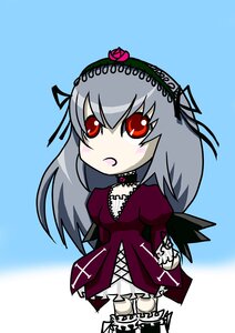 Rating: Safe Score: 0 Tags: 1girl blue_background blush breasts chibi dress flower frills hairband image long_hair long_sleeves looking_at_viewer red_eyes silver_hair solo standing suigintou wings User: admin