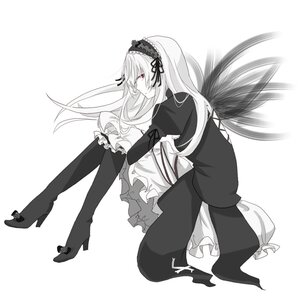 Rating: Safe Score: 0 Tags: 1girl boots dress frilled_sleeves frills full_body hairband high_heel_boots high_heels image long_hair long_sleeves looking_at_viewer monochrome red_eyes sitting solo striped suigintou very_long_hair wings User: admin