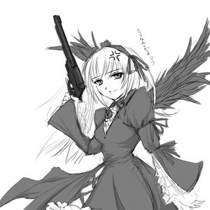 Rating: Safe Score: 0 Tags: 1girl anger_vein black_wings cross dress feathers greyscale gun hairband image long_sleeves monochrome ribbon solo suigintou weapon wings User: admin