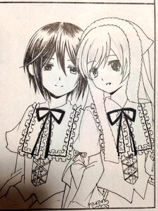 Rating: Safe Score: 0 Tags: 2girls dress frills image long_hair long_sleeves monochrome multiple_girls neck_ribbon pair ribbon short_hair smile souseiseki suiseiseki traditional_media User: admin