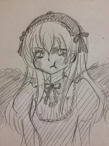 Rating: Safe Score: 0 Tags: 1girl blush closed_mouth dress eyebrows_visible_through_hair feathered_wings frills graphite_(medium) hairband image long_hair long_sleeves looking_at_viewer monochrome simple_background solo suigintou traditional_media upper_body wings User: admin