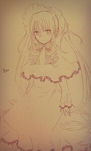 Rating: Safe Score: 0 Tags: 1girl breasts capelet dress eyebrows_visible_through_hair hair_ribbon image long_hair long_sleeves looking_at_viewer monochrome shinku solo traditional_media very_long_hair User: admin