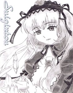Rating: Safe Score: 0 Tags: 1girl auto_tagged dress flower frills hair_ribbon hairband image lolita_hairband long_hair long_sleeves looking_at_viewer monochrome ribbon rose simple_background smile solo suigintou traditional_media upper_body white_background wings User: admin