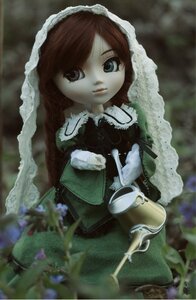 Rating: Safe Score: 0 Tags: 1girl bangs blurry cup depth_of_field doll dress frills green_dress lolita_fashion long_hair long_sleeves looking_at_viewer outdoors solo suiseiseki watering_can User: admin