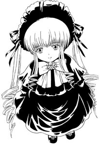 Rating: Safe Score: 0 Tags: 1girl bonnet dress drill_hair flower frills full_body greyscale image long_hair long_sleeves looking_at_viewer monochrome shinku simple_background solo twin_drills twintails very_long_hair white_background User: admin