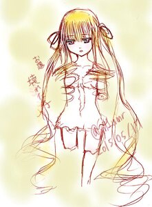 Rating: Safe Score: 0 Tags: 1girl blonde_hair dress hair_ribbon image long_hair ribbon shinku signature sketch solo very_long_hair User: admin