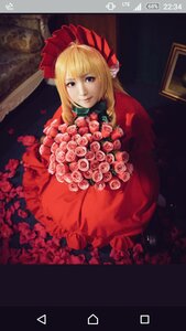 Rating: Safe Score: 0 Tags: 1girl blonde_hair blue_eyes bonnet bouquet dress flower lips long_hair looking_at_viewer photo pink_flower pink_rose red_dress red_flower red_rose rose shinku solo User: admin
