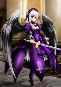 Rating: Safe Score: 0 Tags: 1girl black_wings dress feathers frills full_body hairband holding image juliet_sleeves long_hair long_sleeves looking_at_viewer puffy_sleeves red_eyes ribbon silver_hair solo standing suigintou sword weapon wings User: admin