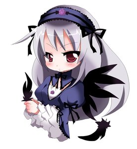 Rating: Safe Score: 0 Tags: 1girl black_wings blush chibi detached_collar dress feathers flower frills hairband image long_hair long_sleeves red_eyes silver_hair simple_background solo suigintou upper_body white_background wings User: admin