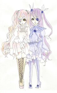 Rating: Safe Score: 0 Tags: 2girls barasuishou boots dress eyepatch frills hair_ornament image kirakishou long_hair multiple_girls pair pink_hair rose thigh_boots thighhighs traditional_media yellow_eyes User: admin