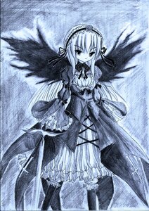 Rating: Safe Score: 0 Tags: 1girl auto_tagged blue_theme dress flower frilled_sleeves frills hairband image lolita_hairband long_hair long_sleeves looking_at_viewer monochrome ribbon rose solo standing suigintou traditional_media very_long_hair wide_sleeves wings User: admin