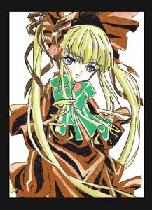 Rating: Safe Score: 0 Tags: 1girl black_border blonde_hair blue_eyes bonnet border bow bowtie capelet dress flower green_bow green_neckwear image letterboxed long_hair long_sleeves looking_at_viewer marker_(medium) red_dress rose shikishi shinku sidelocks simple_background solo traditional_media twintails white_background User: admin