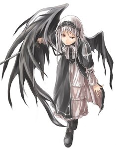 Rating: Safe Score: 0 Tags: 1girl black_wings boots cross cross-laced_footwear dress frills from_above full_body hairband image kurokoeda lace-up_boots long_hair long_sleeves looking_at_viewer red_eyes ribbon rozen_maiden silver_hair simple_background solo standing suigintou white_background wings User: admin