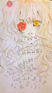 Rating: Safe Score: 0 Tags: 1girl bangs flower hair_flower image kirakishou leaf long_hair petals pink_hair red_flower rose solo sparkle traditional_media watercolor_(medium) wavy_hair User: admin