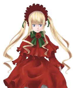 Rating: Safe Score: 0 Tags: 1girl blonde_hair blue_eyes bow bowtie capelet cowboy_shot dress flower green_bow image long_hair long_sleeves looking_at_viewer red_capelet rose shinku sidelocks simple_background solo twintails white_background User: admin