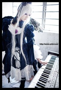 Rating: Safe Score: 0 Tags: 1girl black_border dress frills guitar hair_ornament indoors instrument letterboxed long_hair music piano pillarboxed playing_instrument purple_eyes solo suigintou violin User: admin
