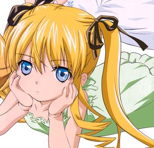 Rating: Safe Score: 0 Tags: 1girl bangs blonde_hair blue_eyes chin_rest collarbone dress face green_dress hair_ribbon hands_on_own_cheeks hands_on_own_face image long_hair looking_at_viewer lying on_stomach ribbon shinku solo twintails User: admin