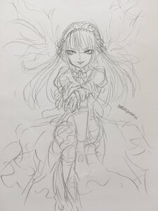 Rating: Safe Score: 0 Tags: 1girl akemi_homura bow dress elbow_gloves evil_smile flower gloves greyscale hairband image long_hair looking_at_viewer monochrome simple_background sketch smile solo suigintou traditional_media User: admin