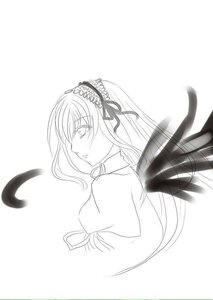 Rating: Safe Score: 0 Tags: 1girl dress floating_hair flower hairband image lolita_hairband long_hair looking_at_viewer monochrome profile ribbon simple_background solo suigintou upper_body white_background wings User: admin