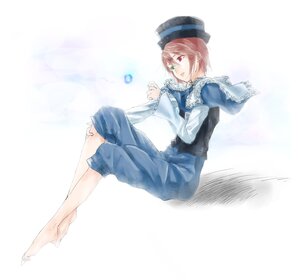 Rating: Safe Score: 0 Tags: 1boy auto_tagged barefoot capelet frills full_body hat heterochromia image long_sleeves looking_at_viewer pants red_eyes sitting solo souseiseki User: admin