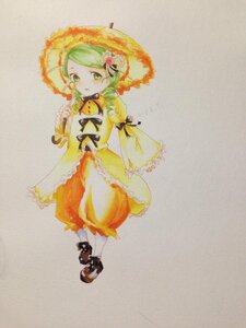 Rating: Safe Score: 0 Tags: 1girl bow dress full_body green_eyes green_hair hair_ornament holding_umbrella image kanaria long_sleeves looking_at_viewer parasol short_hair solo standing traditional_media umbrella wide_sleeves yellow_dress User: admin